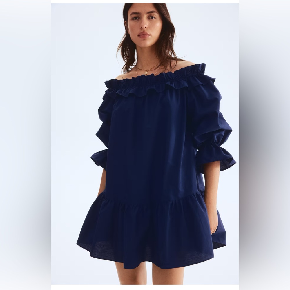 H&M Dark Blue Ruffle Off-Shoulder Dress